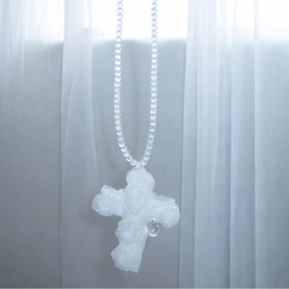 Pure White Prayer Tulle Rose Cross Beaded Necklace